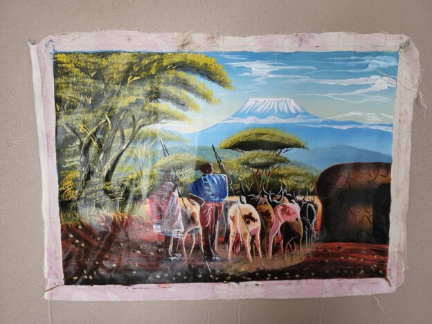 Masai with Herd Canvas Wall Art, small sized, beautifully crafted potraying the native Masai culture in their homestead right at the foot of Mount Kilimanjaro (Copy) (Copy)