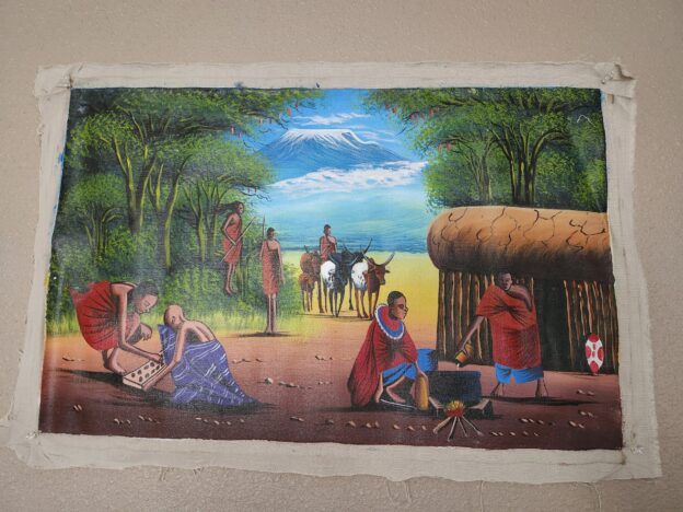 African Masai Homestead Canvas Wall Art, small sized, beautifully crafted potraying the native Masai culture in their homestead right at the foot of Mount Kilimanjaro