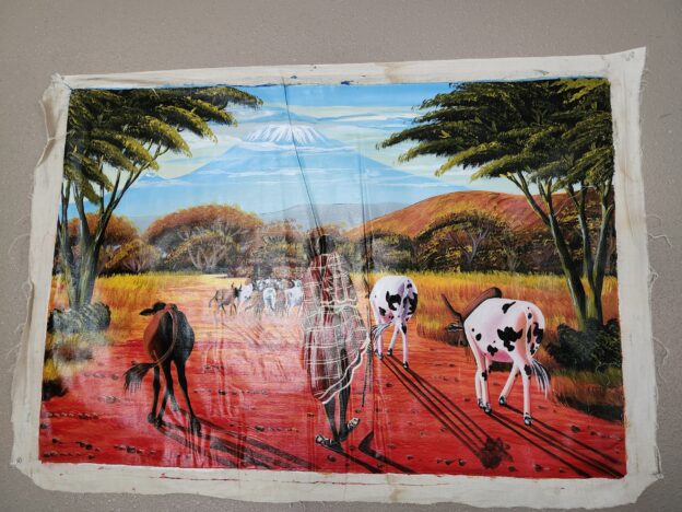 Masai with Herd Canvas Wall Art, small sized, beautifully crafted potraying the native Masai culture in their homestead right at the foot of Mount Kilimanjaro (Copy)