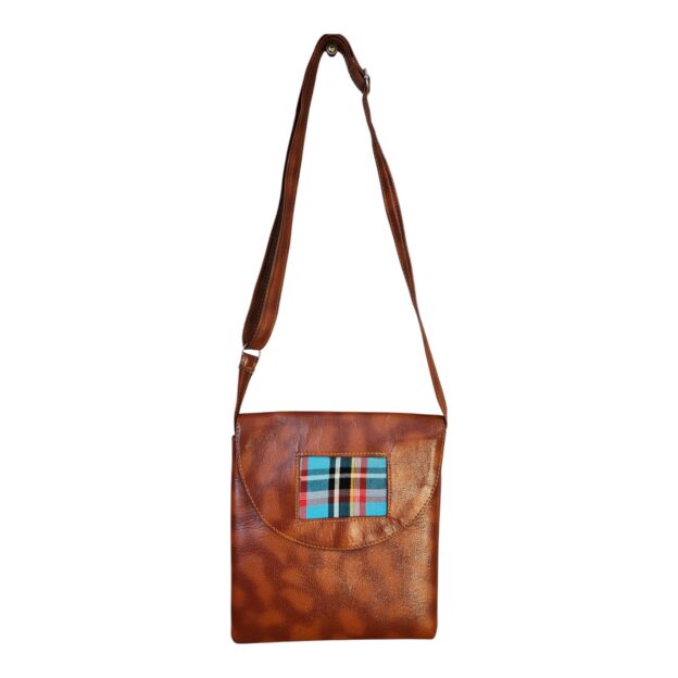 Casual Crossbody Bag with African Blue Plaid Patch Print Design Brown Synthetic Leather Style Messenger Bag