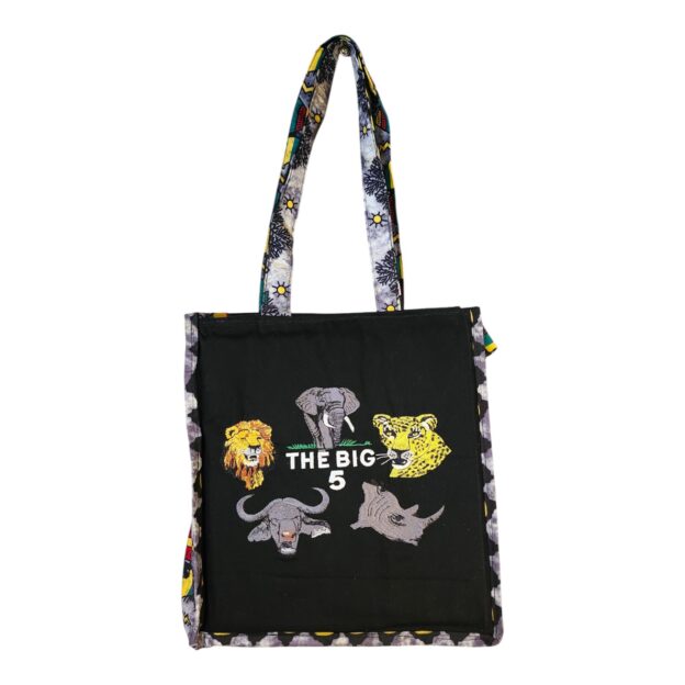 Tote bag-  Big five Safari African Animal Print Black Ankara Tote Bag